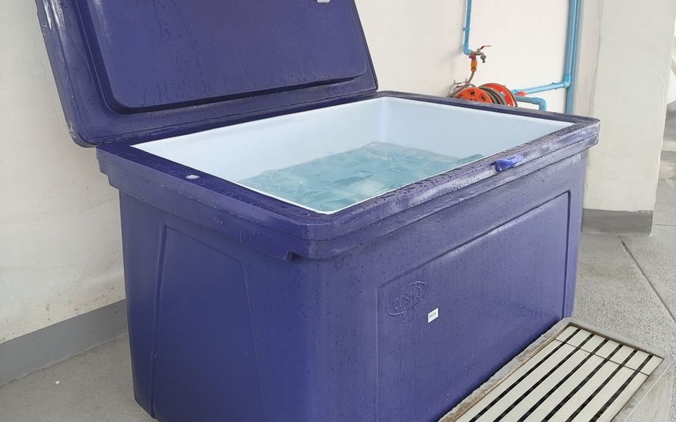 Ice bath tub filled with cold water and ice, next to a slatted step