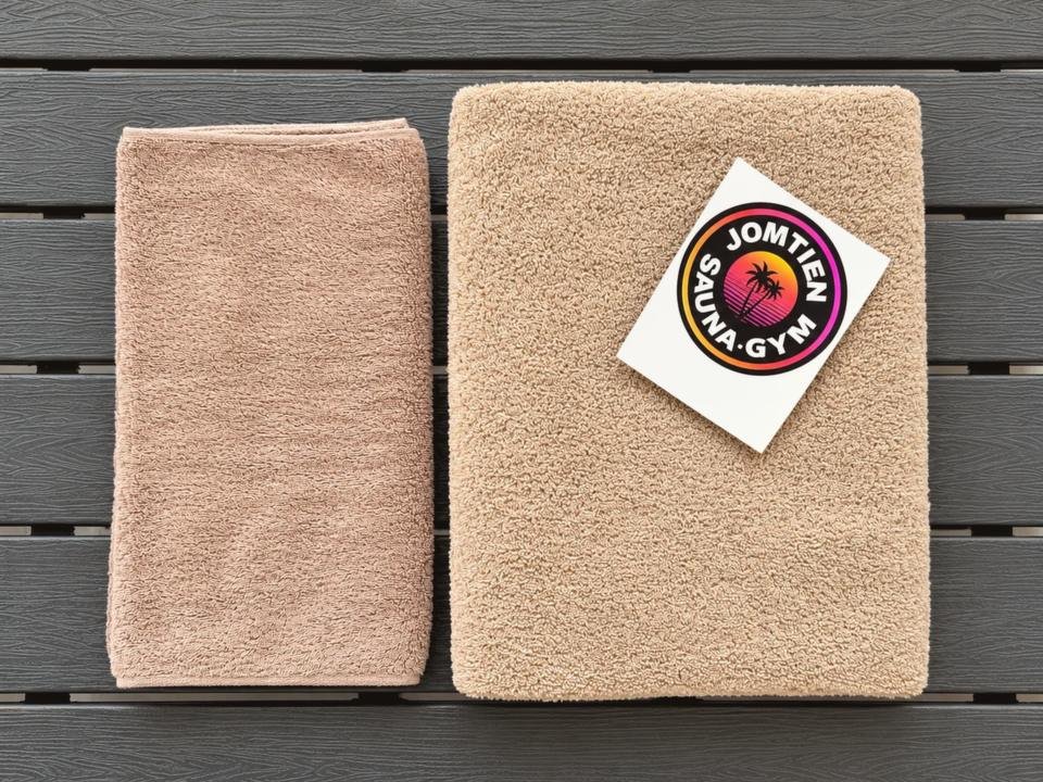 A small and a large towel folded side by side, with a Jomtien Sauna & Gym logo card on the large one