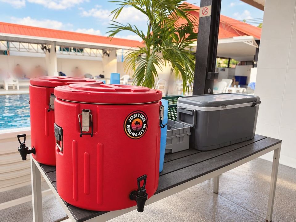 Two red drinking-water dispensers with the Jomtien Sauna & Gym logo and blue cups on a table by the outdoor pool